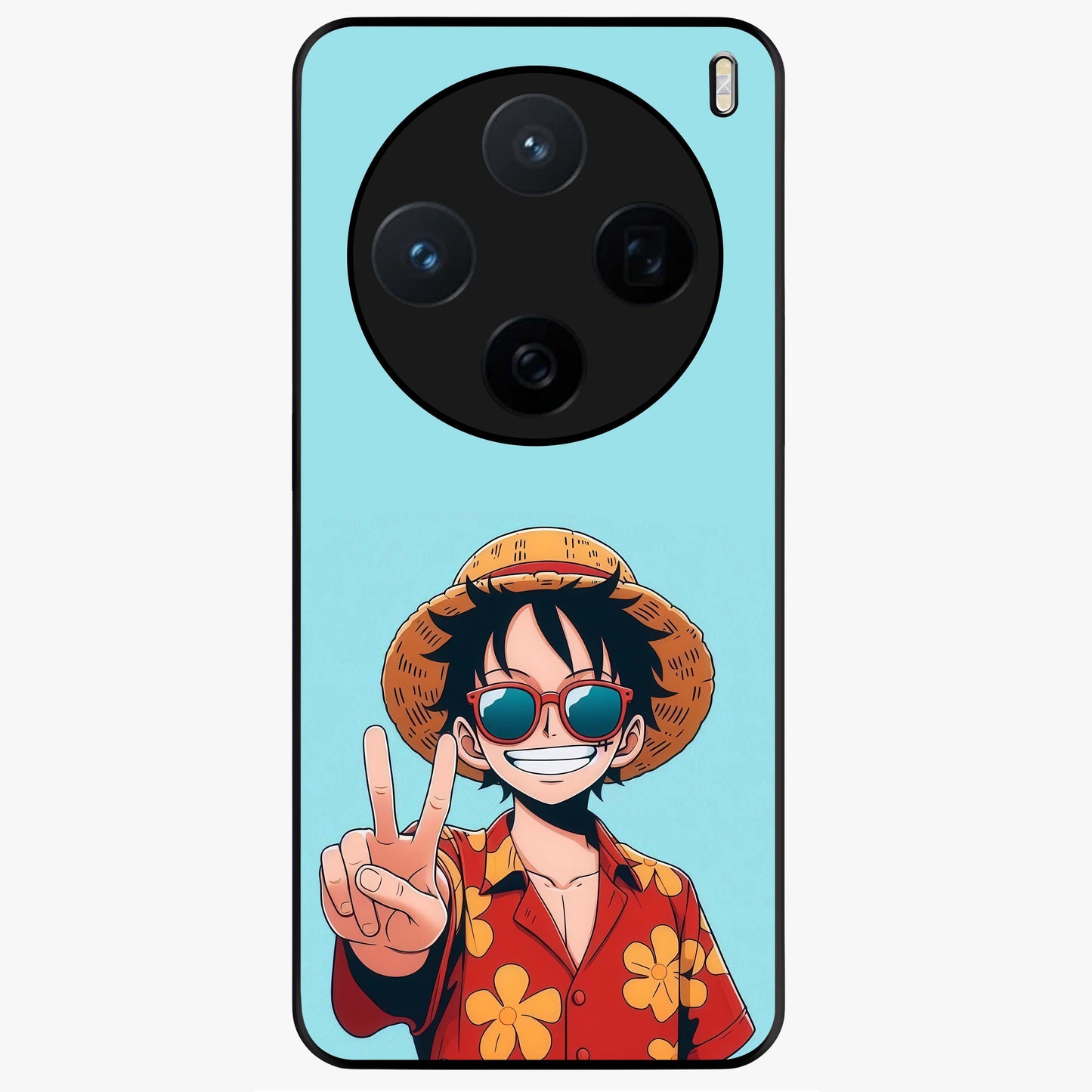 Luffy Summer Anime Vibe Glass Case showing flat back view with vibrant anime character artwork and glossy glass finish.