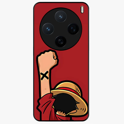 Luffy X Spirit Glass Case showing flat back view with bold anime character artwork and glossy glass finish.