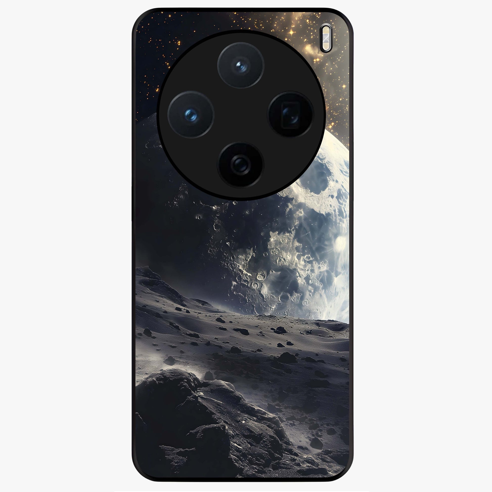 Lunar Horizon Glow Glass Case showing flat back view with glowing moon horizon artwork and glossy glass finish.