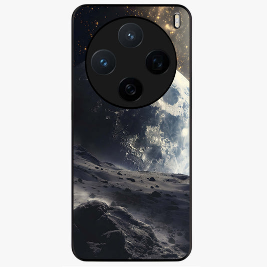 Lunar Horizon Glow Glass Case showing flat back view with glowing moon horizon artwork and glossy glass finish.