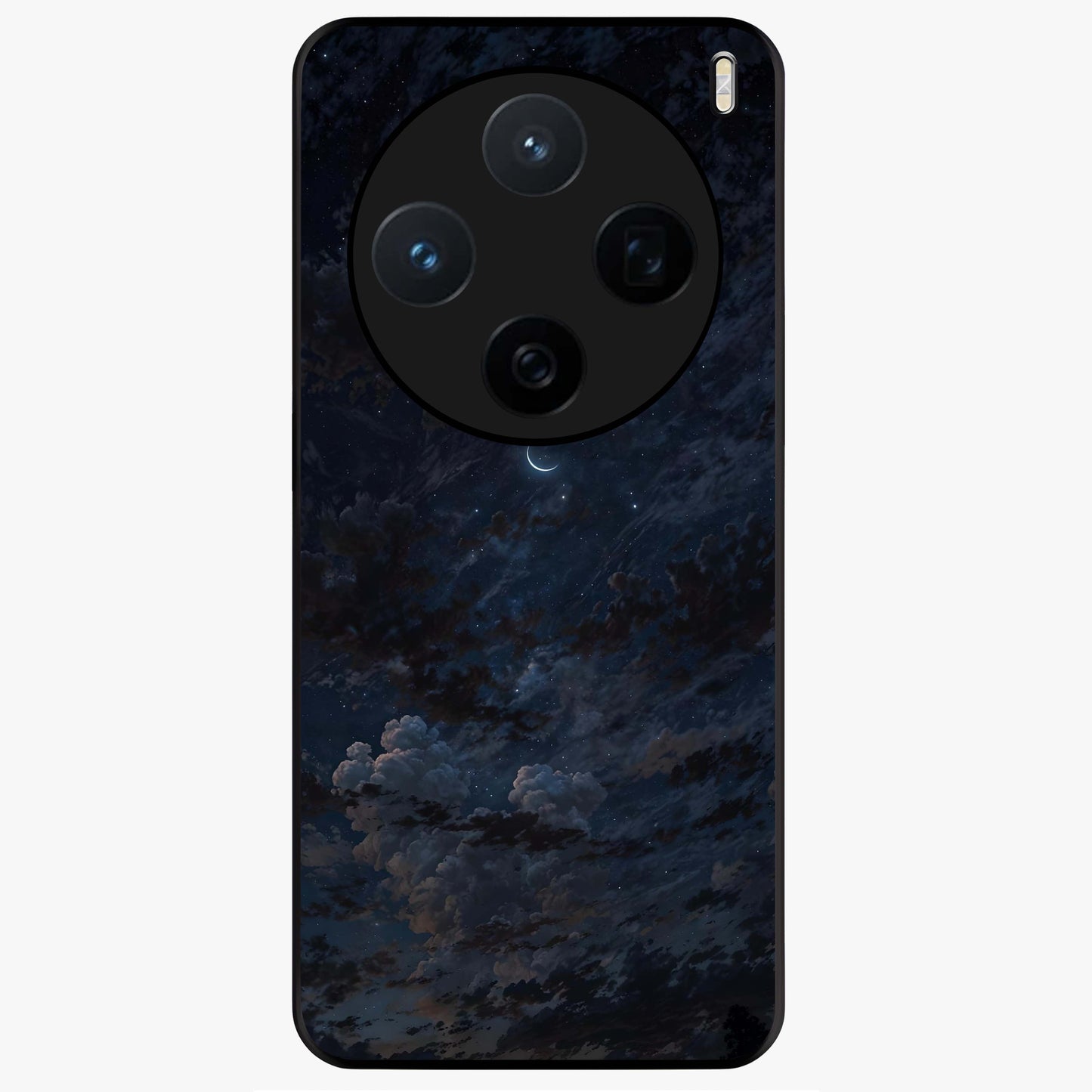 Lunar Veil Silence Glass Case showing flat back view with mystical moon veil artwork and glossy glass finish.
