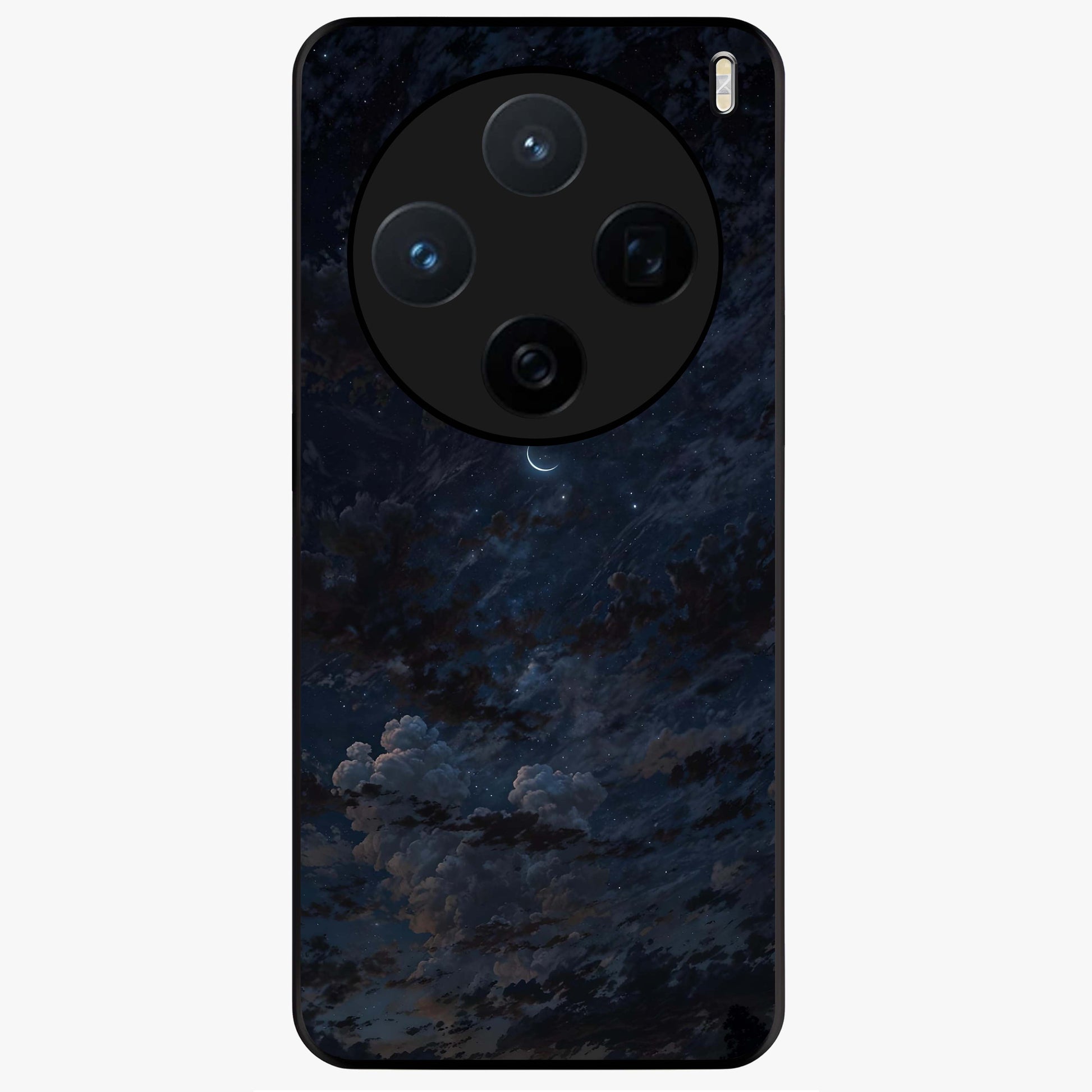 Lunar Veil Silence Glass Case showing flat back view with mystical moon veil artwork and glossy glass finish.