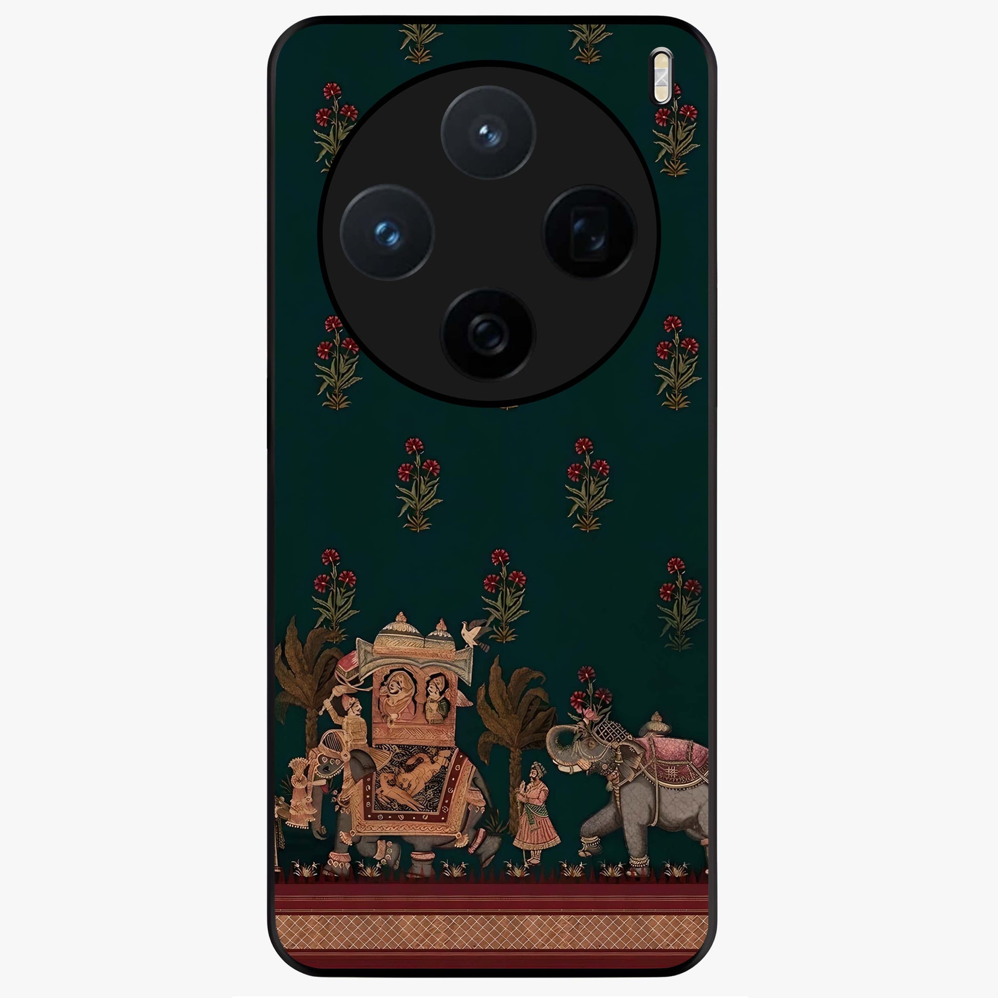 Macmerise Glass Case showing flat back view with stylish modern artwork and glossy glass finish.