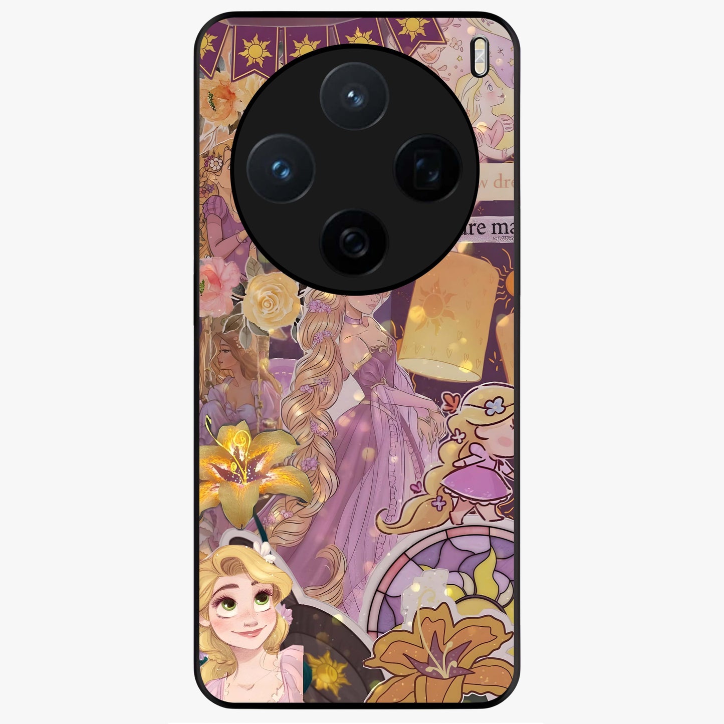 Magical Tangled Dream Glass Case showing flat back view with dreamy tangled artwork and glossy glass finish.