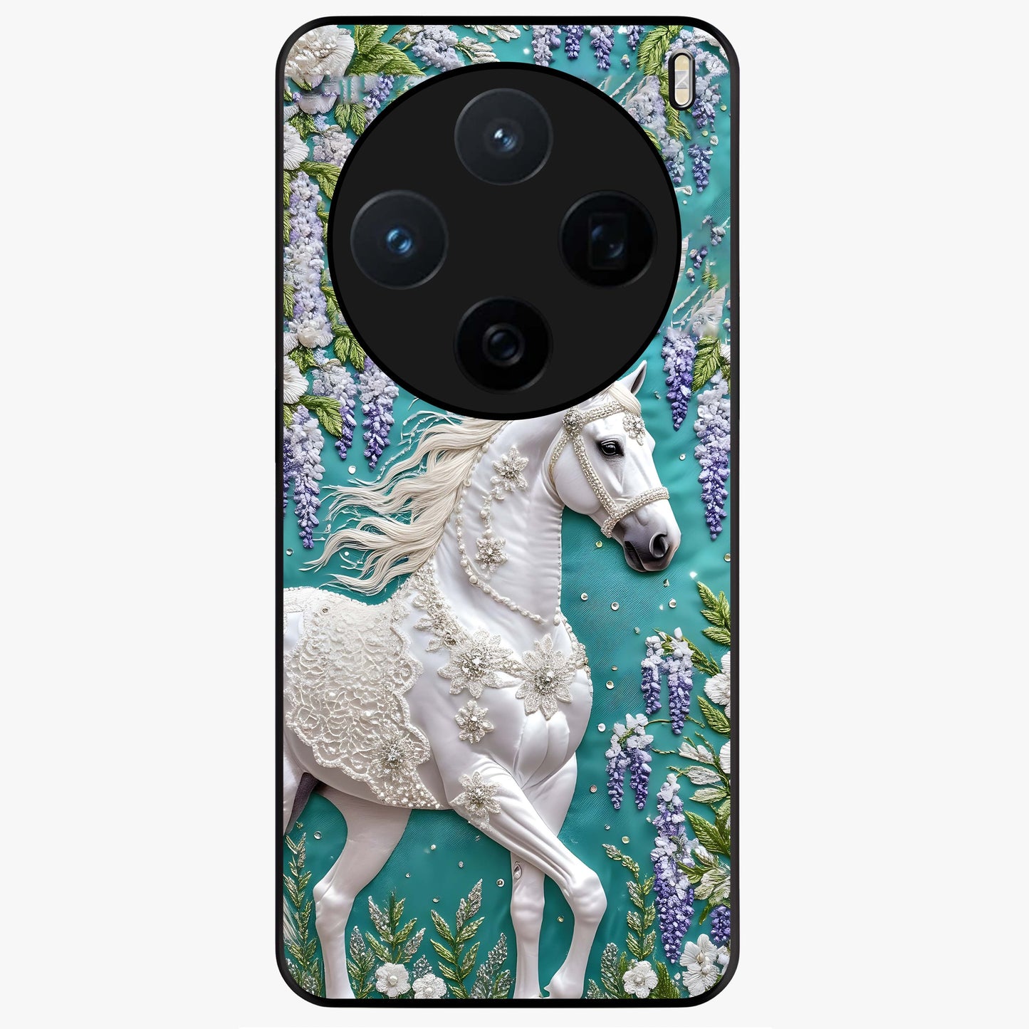 Majestic Floral Stallion Glass Case showing flat back view with powerful horse and floral artwork and glossy glass finish.