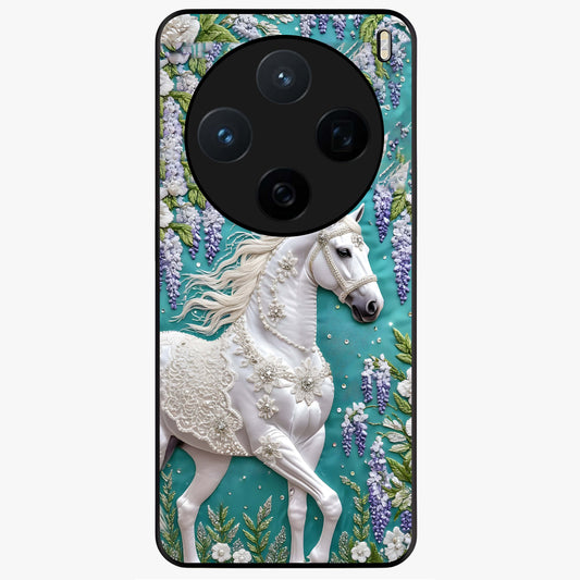 Majestic Floral Stallion Glass Case showing flat back view with powerful horse and floral artwork and glossy glass finish.