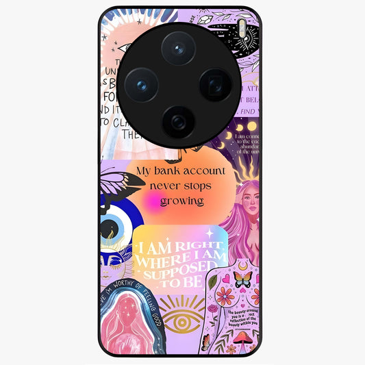 Manifestation Collage Glass Case showing flat back view with motivational collage artwork and glossy glass finish.