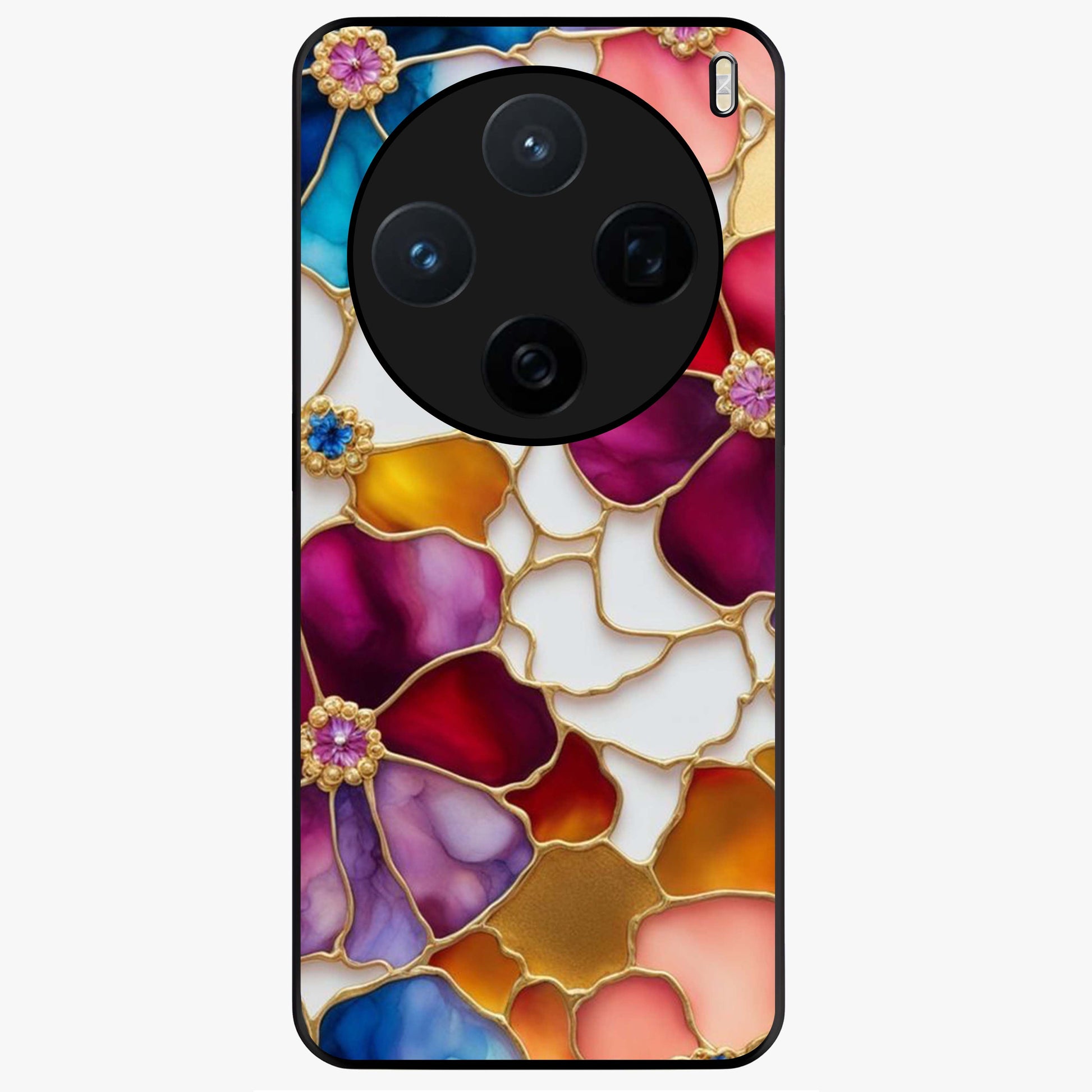 Marble Flower Pattern Glass Case showing flat back view with marble texture floral artwork and glossy glass finish.