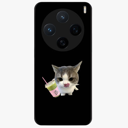 Matcha Cat Style Glass Case showing flat back view with cute matcha themed cat artwork and glossy glass finish.