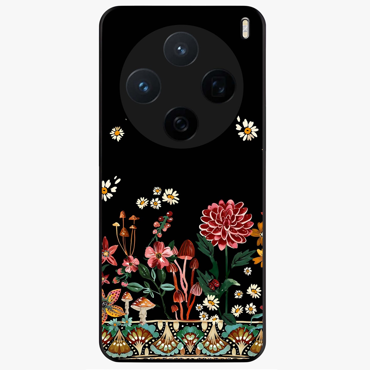 Midnight Bloom Pattern Glass Case showing flat back view with dark floral pattern artwork and glossy glass finish.