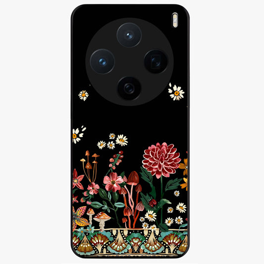 Midnight Bloom Pattern Glass Case showing flat back view with dark floral pattern artwork and glossy glass finish.