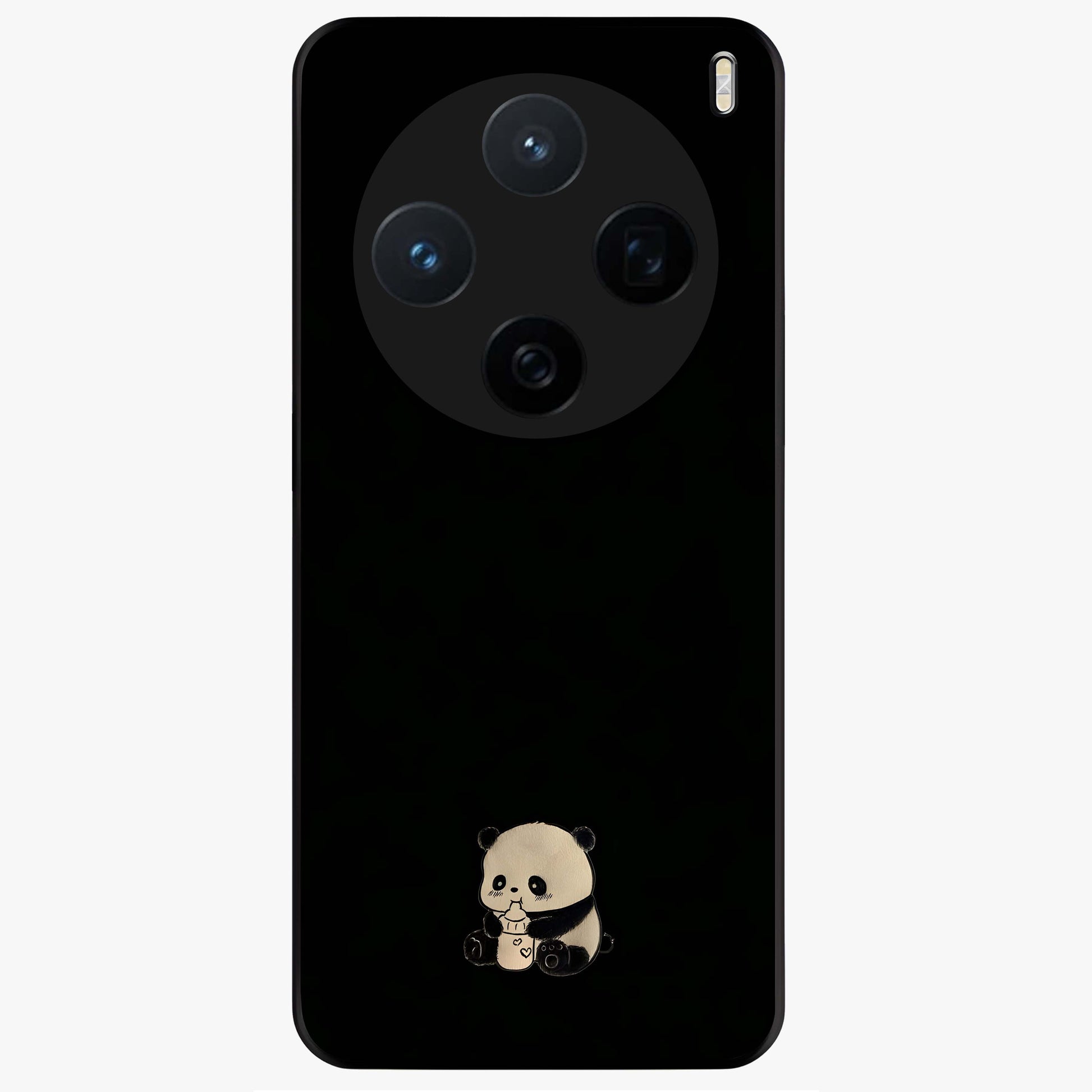 Midnight Panda Love Glass Case showing flat back view with cute panda themed artwork and glossy glass finish.