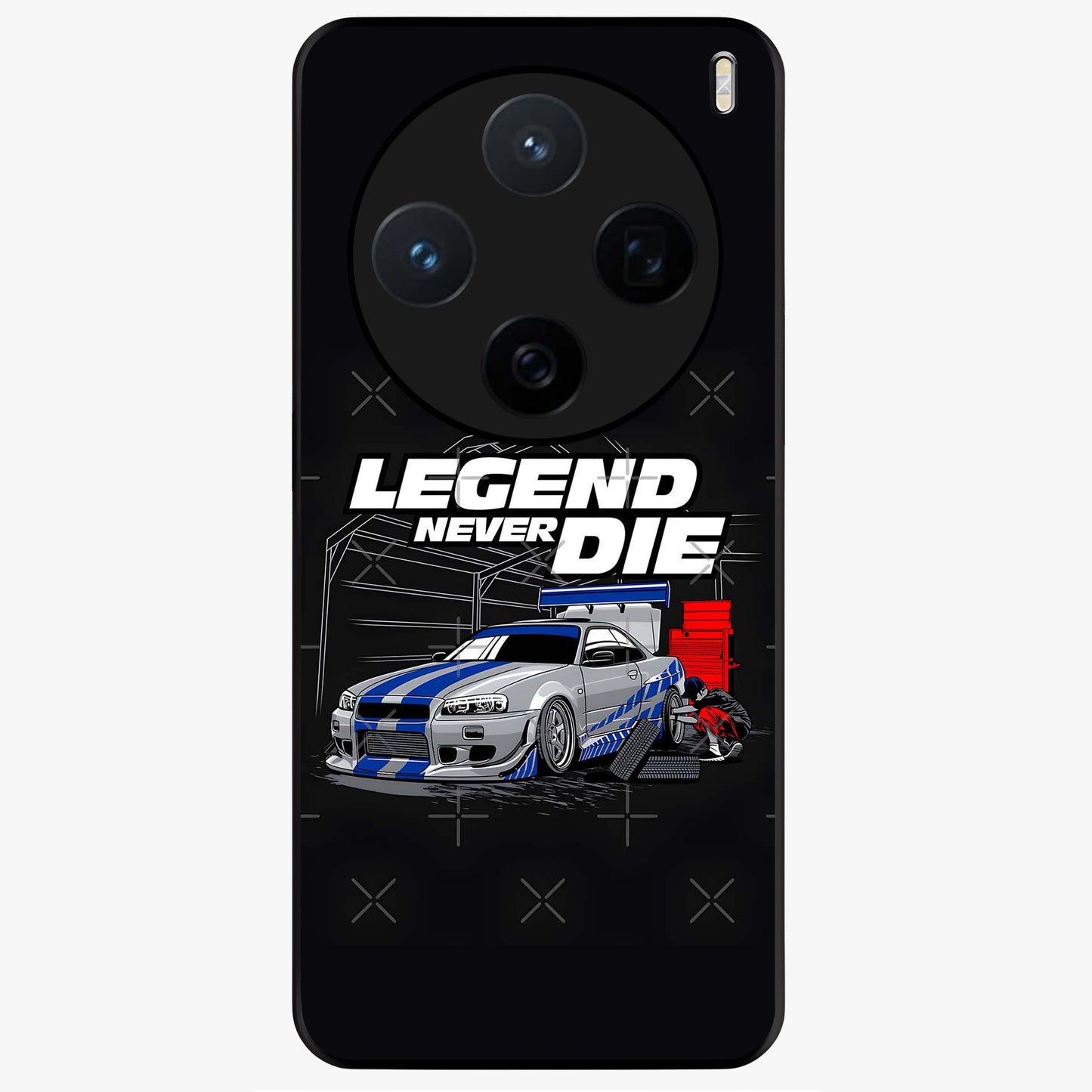 Midnight Racing Legacy Glass Case showing flat back view with sleek racing inspired artwork and glossy glass finish.