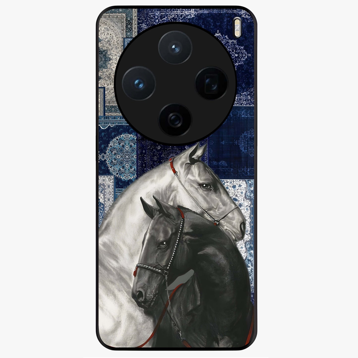 Midnight Stallion Blues Glass Case showing flat back view with majestic horse artwork and glossy glass finish.