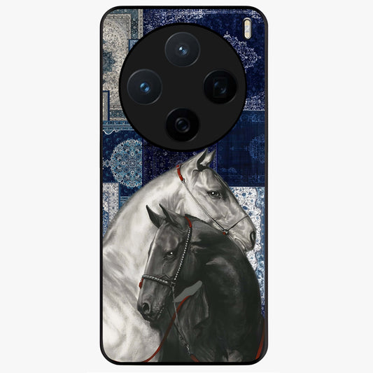 Midnight Stallion Blues Glass Case showing flat back view with majestic horse artwork and glossy glass finish.