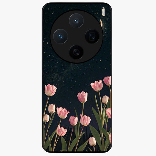 Midnight Tulip Whispers Vibe Glass Case showing flat back view with elegant tulip flower artwork and glossy glass finish.
