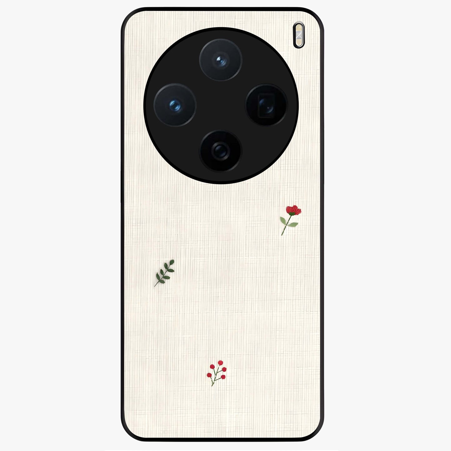 Minimal Petal Whispers Glass Case showing flat back view with soft minimal floral artwork and glossy glass finish.