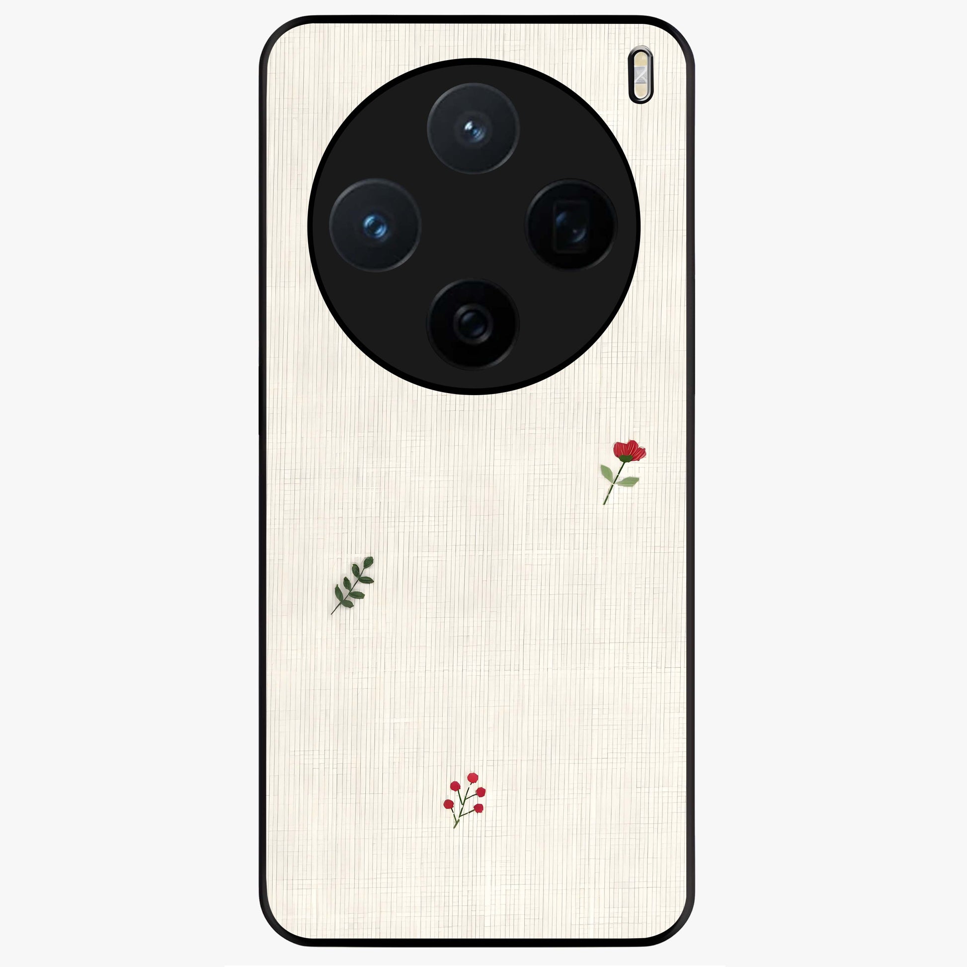 Minimal Petal Whispers Glass Case showing flat back view with soft minimal floral artwork and glossy glass finish.