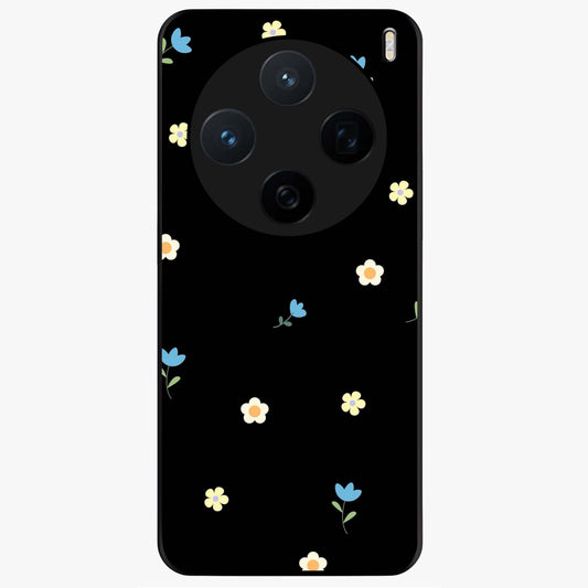 Minimalistic Blue With White Flower Pattern Glass Case showing flat back view with blue background and white flower pattern and glossy glass finish.