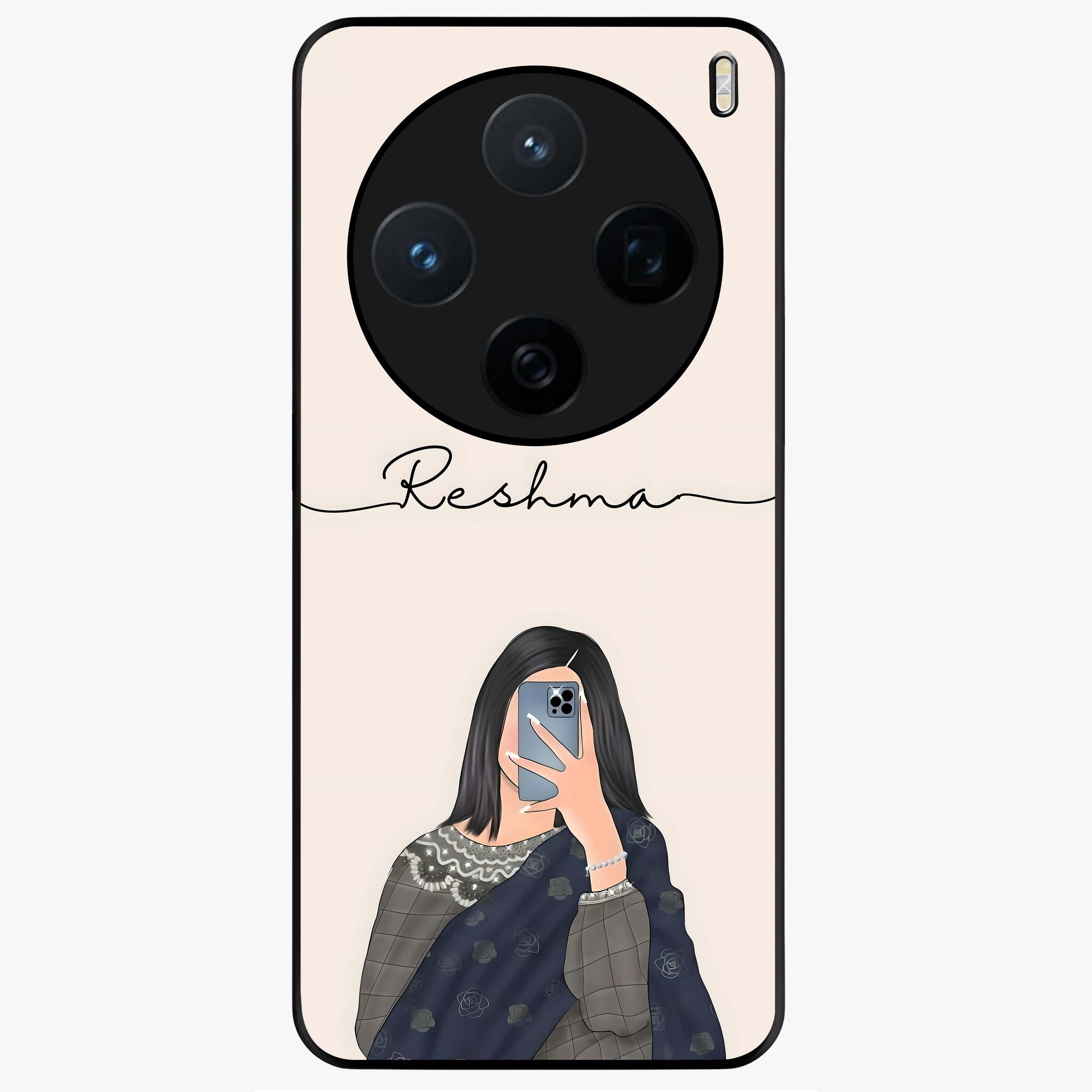 Mirror Mood Muse With Custom Name Glass Case showing flat back view with stylish mirrored artwork and personalized name design.