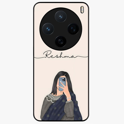 Mirror Mood Muse With Custom Name Glass Case showing flat back view with stylish mirrored artwork and personalized name design.