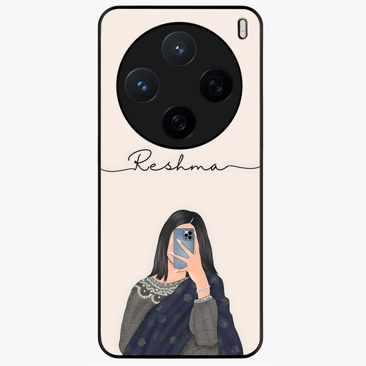 Mirror Mood Muse With Custom Name Glass Case showing flat back view with stylish mirrored artwork and personalized name design.