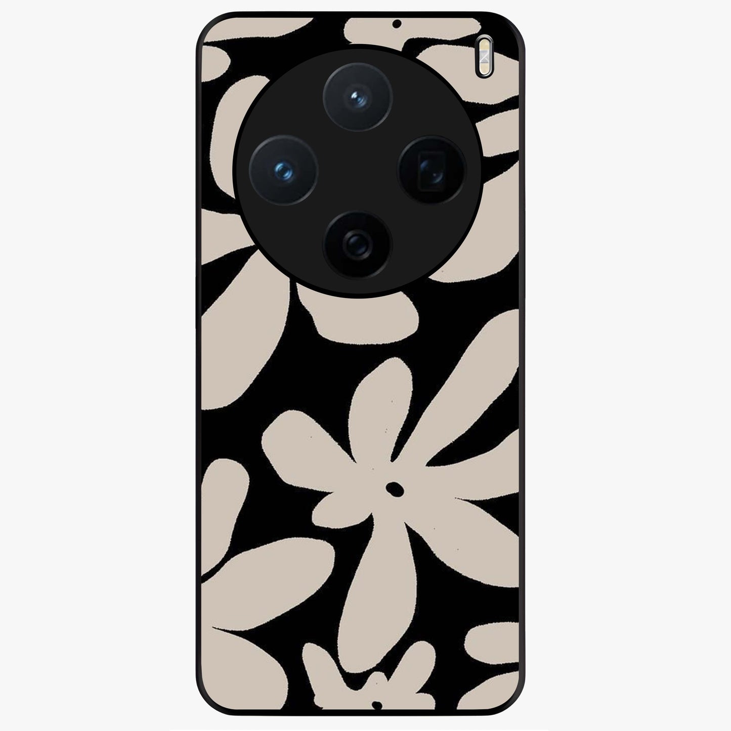Monochrome Petal Dance Glass Case showing flat back view with monochrome floral artwork and glossy glass finish.