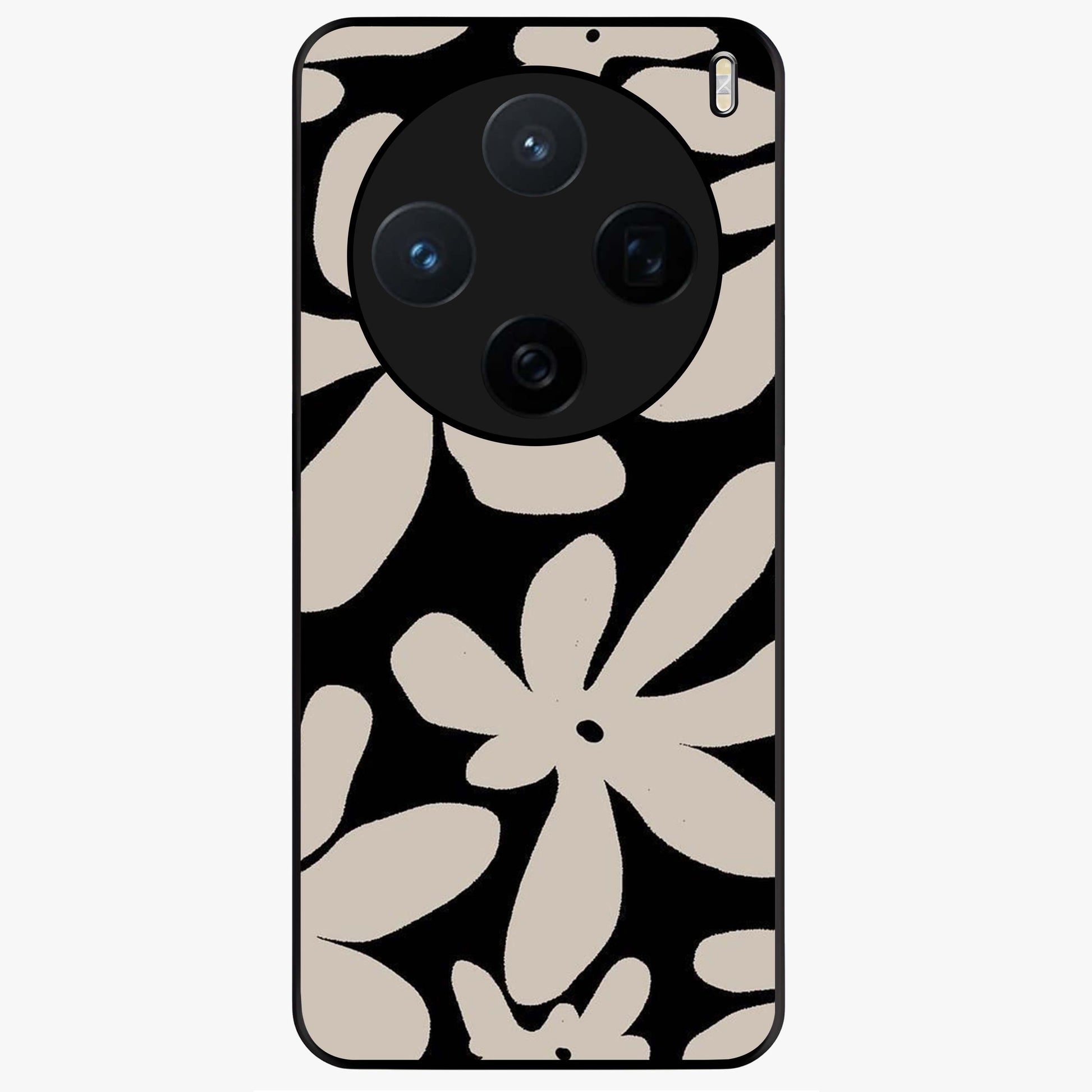 Monochrome Petal Dance Glass Case showing flat back view with monochrome floral artwork and glossy glass finish.