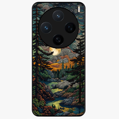Moonlight Forest Dream Glass Case showing flat back view with mystical forest moonlight artwork and glossy glass finish.