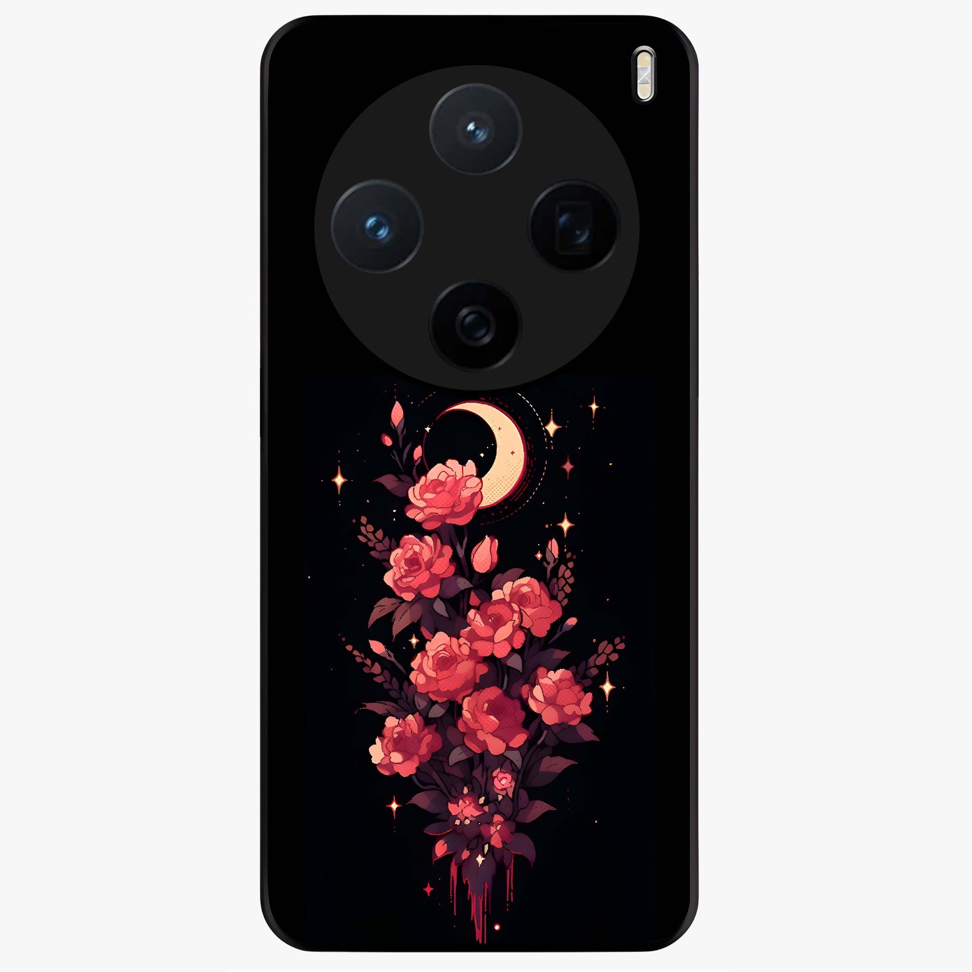 Moonlit Floral Elegance Glass Case showing flat back view with elegant floral artwork under moonlit tones and glossy glass finish.