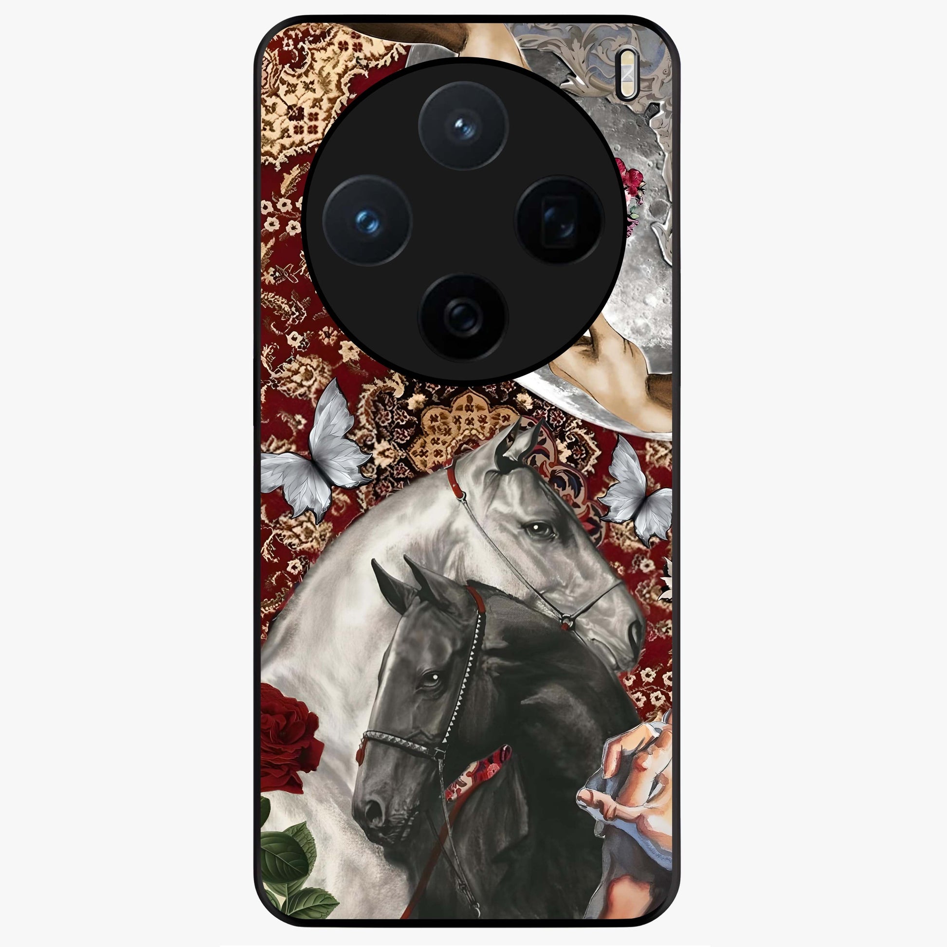 Moonlit Royal Stallion Glass Case showing flat back view with majestic horse under moonlight artwork and glossy glass finish.