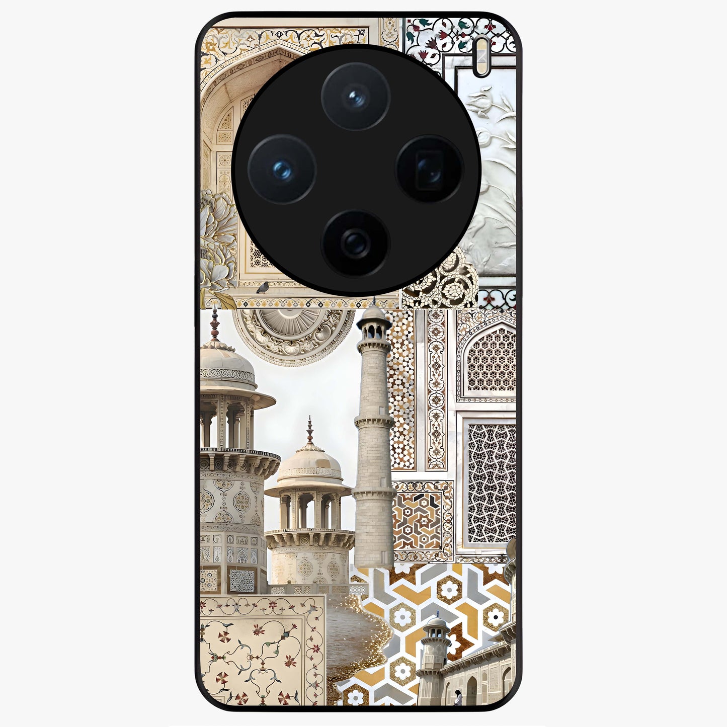 Mughal Marble Legacy Glass Case showing flat back view with intricate Mughal inspired marble pattern and glossy glass finish.