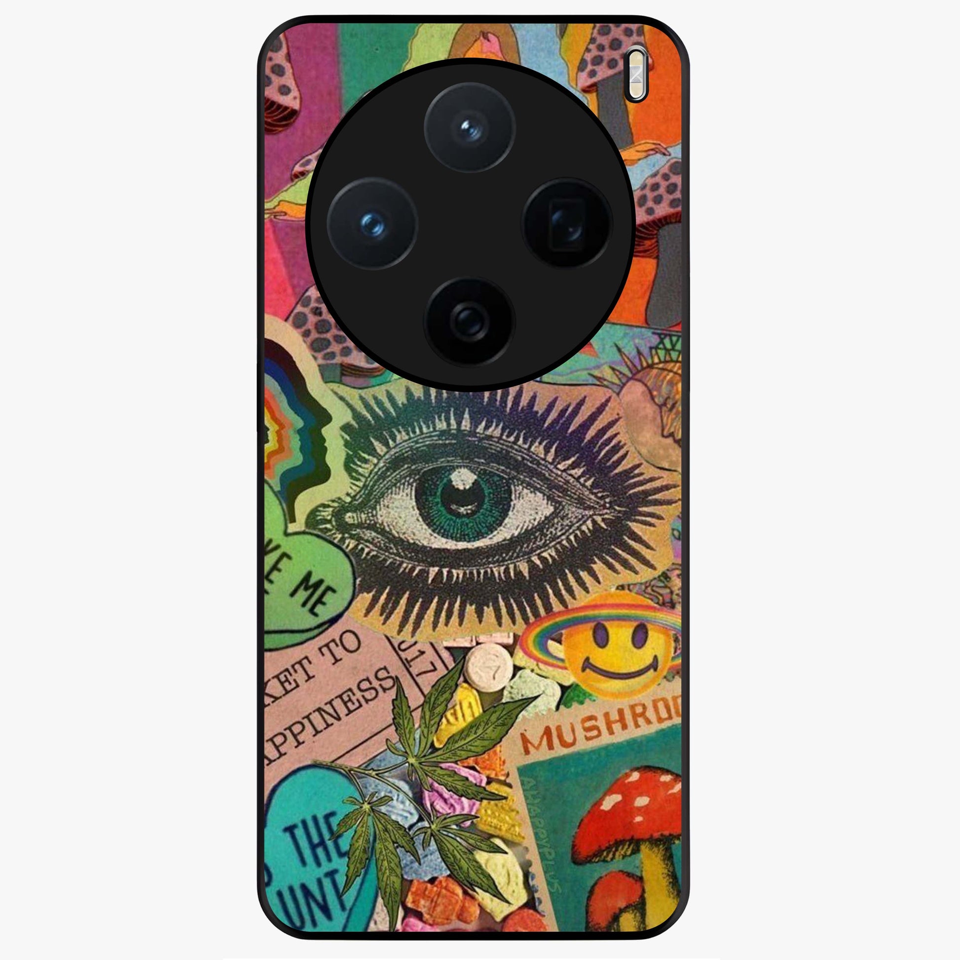 Mystic Eye Wonderland Glass Case showing flat back view with mystical eye themed artwork and glossy glass finish.
