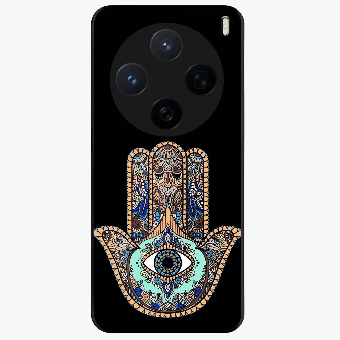 Mystic Hamsa Eye Glass Case showing flat back view with protective hamsa hand and evil eye artwork and glossy glass finish.