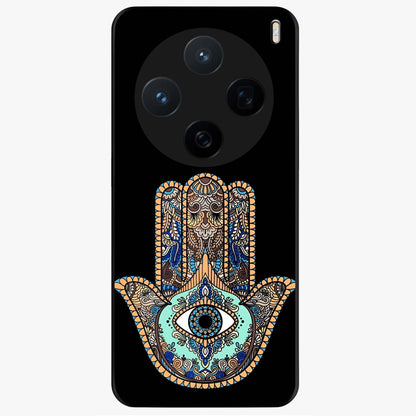 Mystic Hamsa Eye Glass Case showing flat back view with protective hamsa hand and evil eye artwork and glossy glass finish.