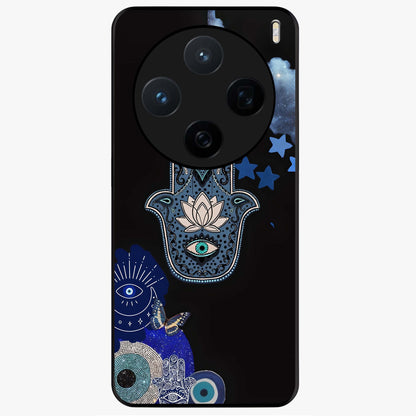 Mystic Hand Aura Glass Case showing flat back view with mystical hand symbol artwork and glossy glass finish.