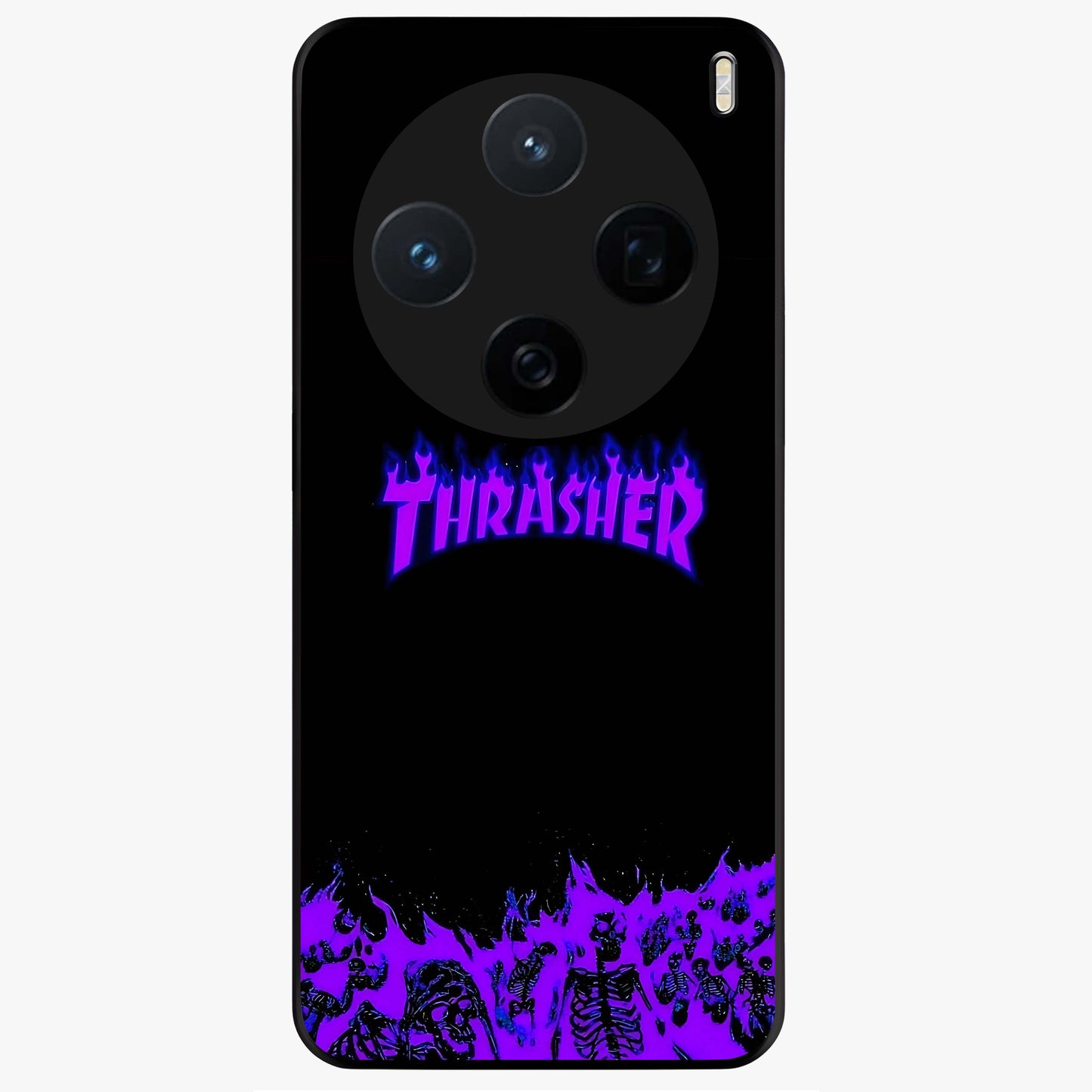 Neon Flame Riot Glass Case showing flat back view with neon flame artwork and glossy glass finish.