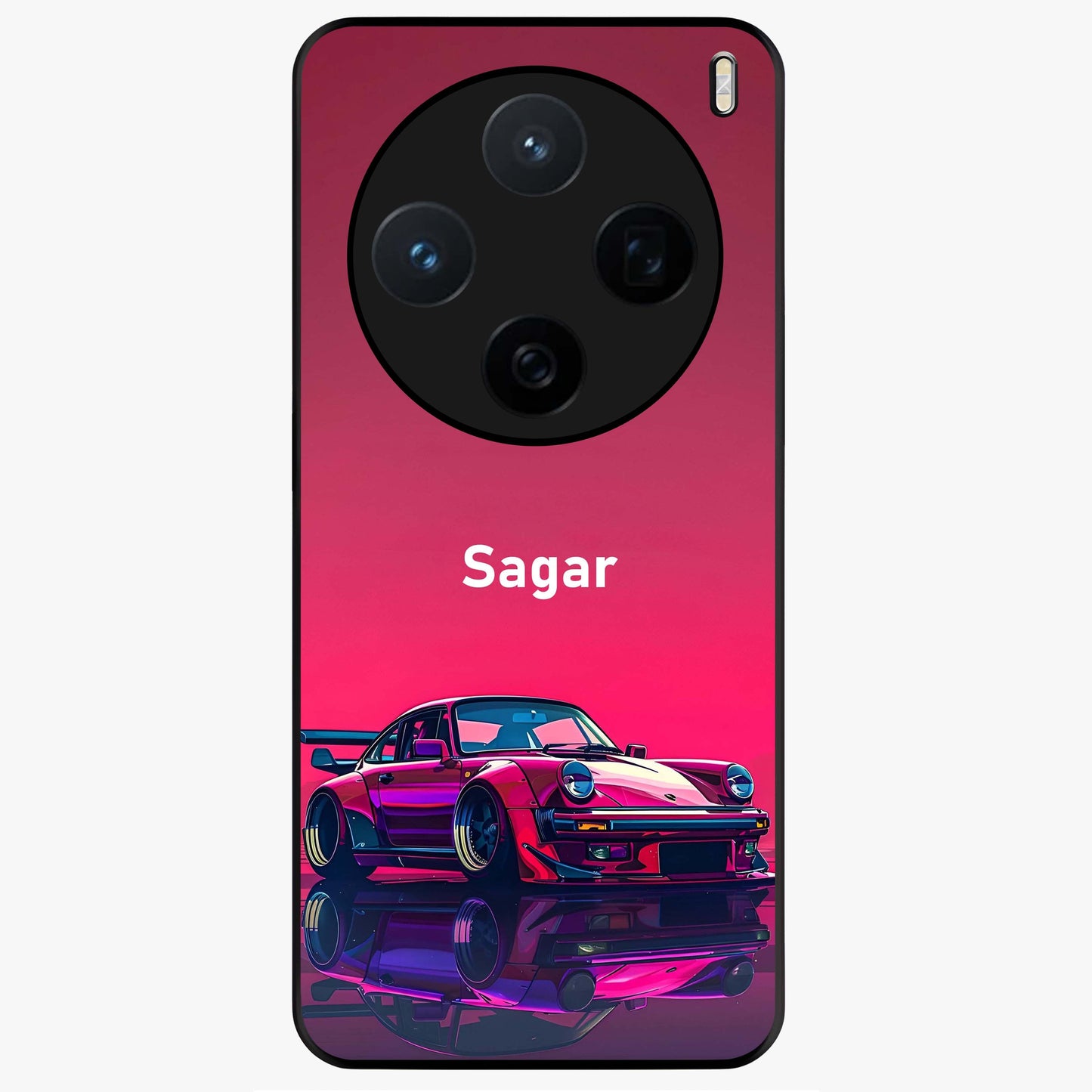 Neon Pink Porsche Glass Case showing flat back view with stylish sports car artwork and glossy glass finish.