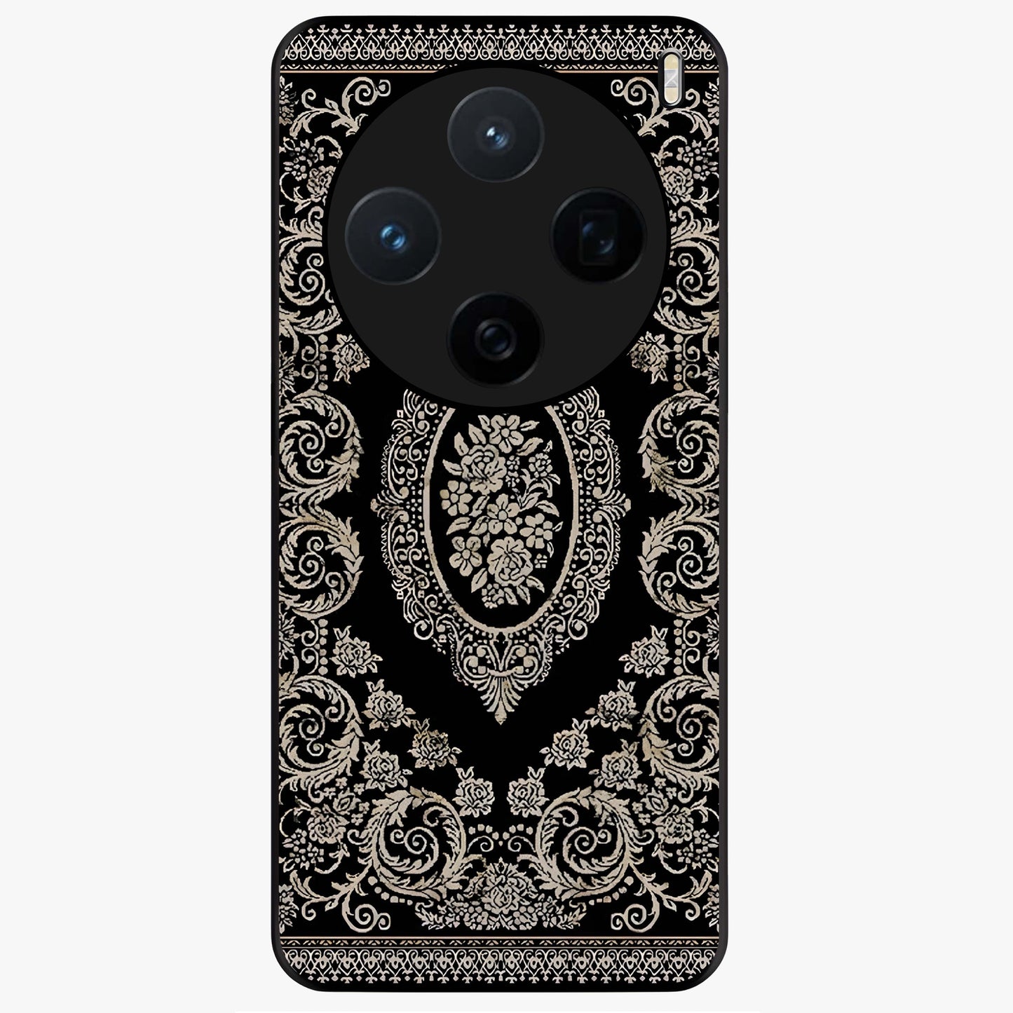 Noir Bloom Elegance Glass Case showing flat back view with elegant dark floral artwork and glossy glass finish.
