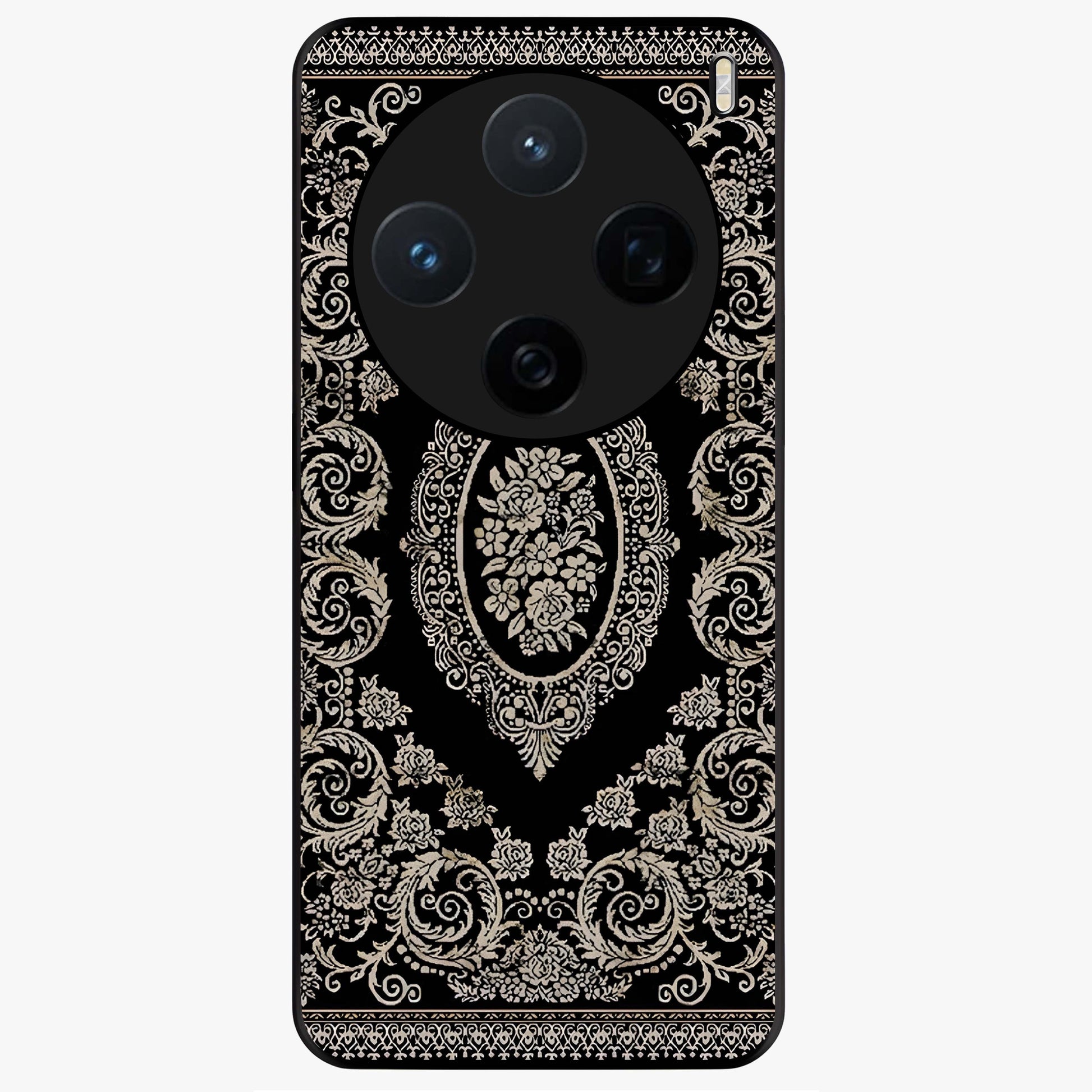 Noir Bloom Elegance Glass Case showing flat back view with elegant dark floral artwork and glossy glass finish.