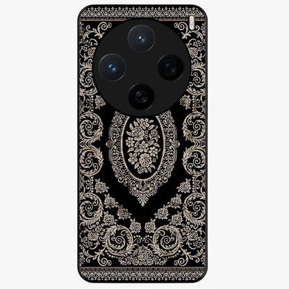 Noir Bloom Elegance Glass Case showing flat back view with elegant dark floral artwork and glossy glass finish.