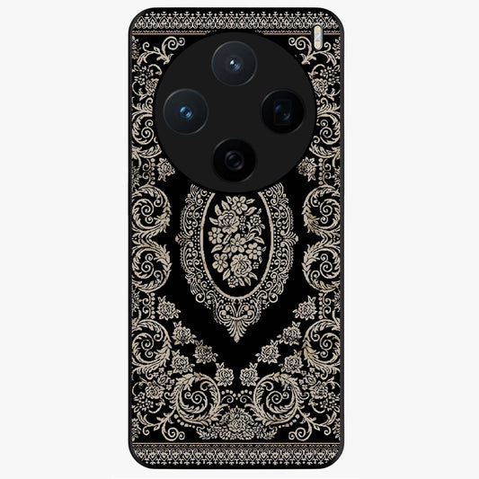 Noir Bloom Elegance Glass Case showing flat back view with elegant dark floral artwork and glossy glass finish.
