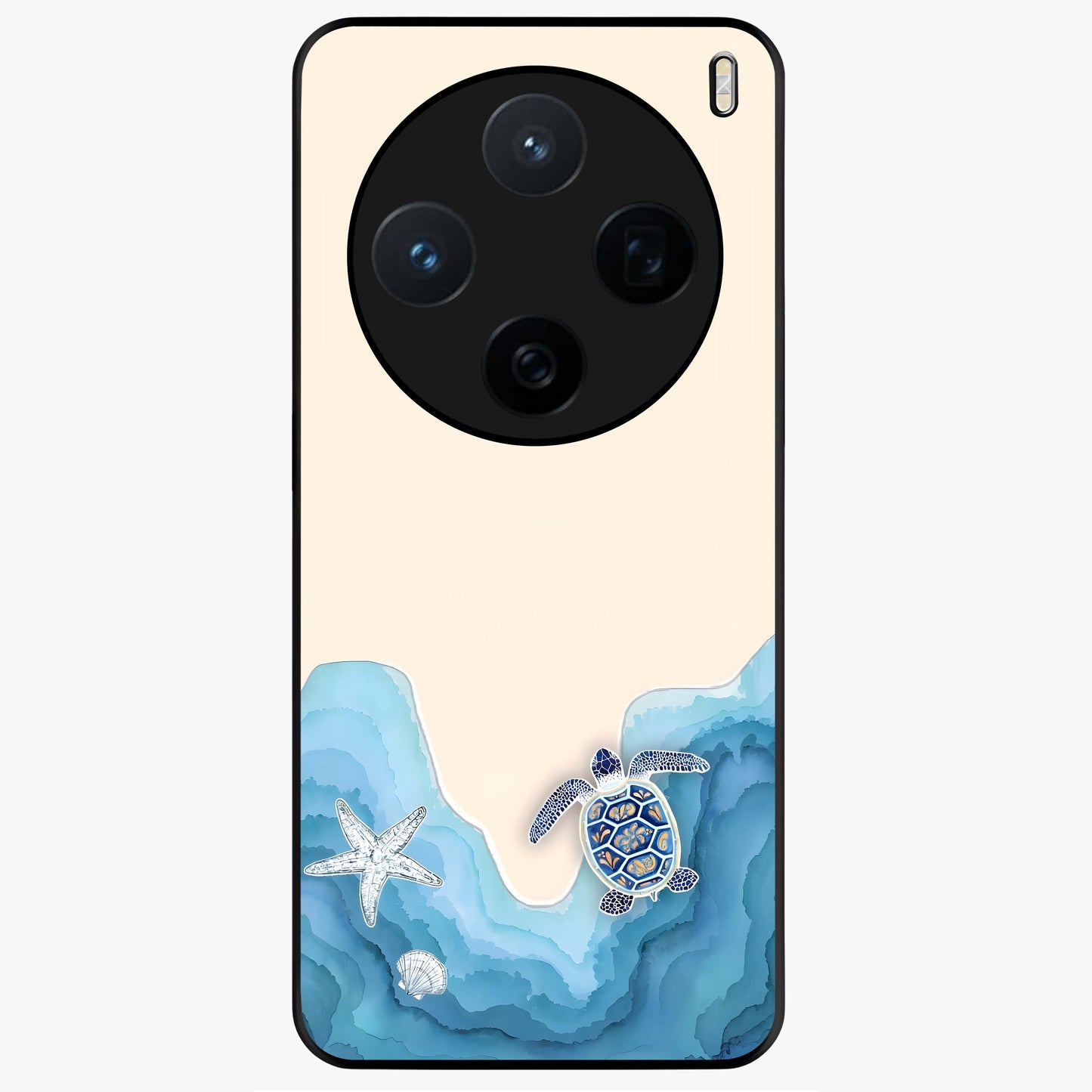 Ocean Drift Turtle Glass Case showing flat back view with sea turtle artwork and glossy glass finish.