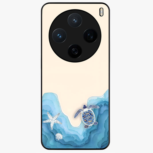 Ocean Drift Turtle Glass Case showing flat back view with sea turtle artwork and glossy glass finish.