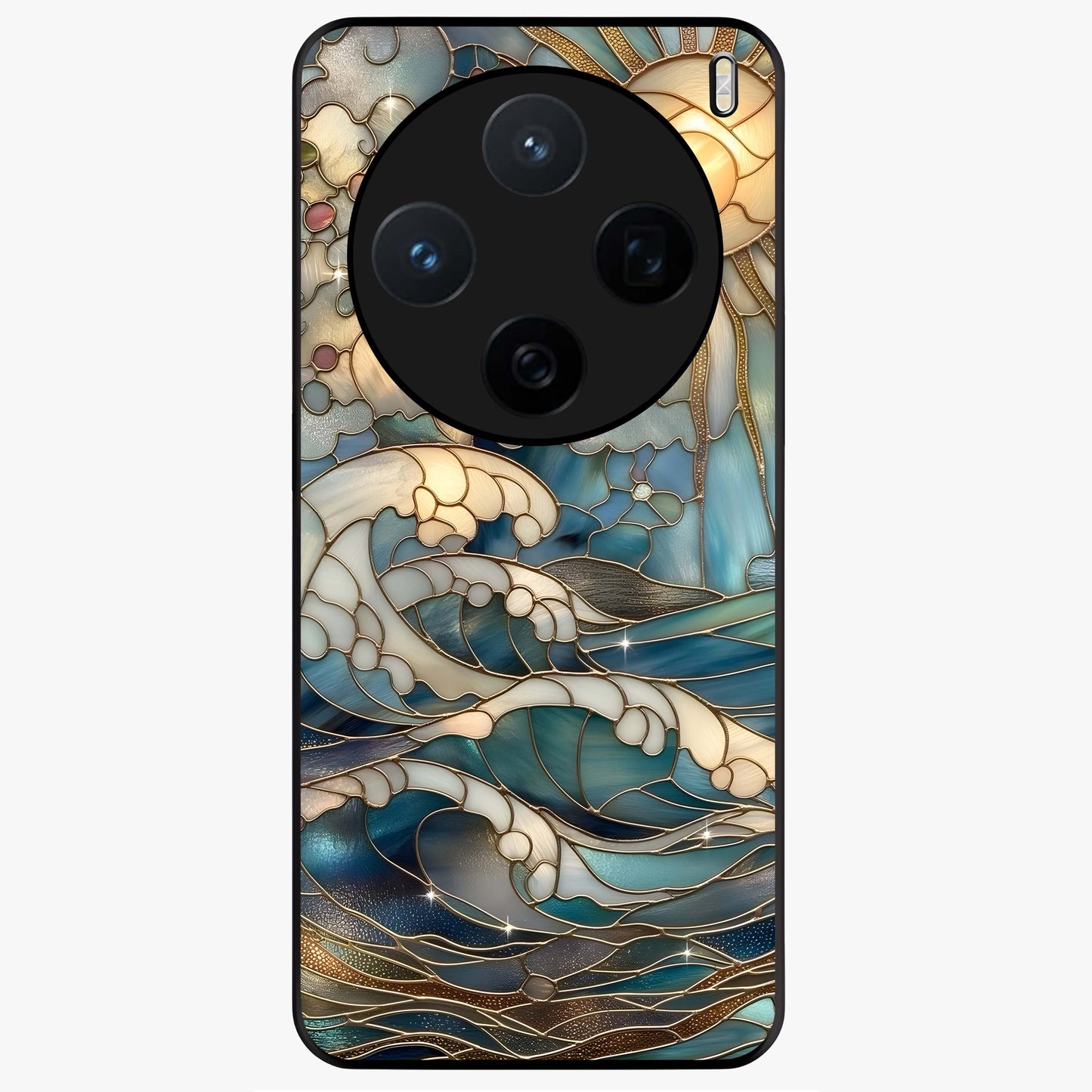 Oceanic Stained Printed Glass Case showing flat back view with ocean inspired stained pattern artwork and glossy glass finish.