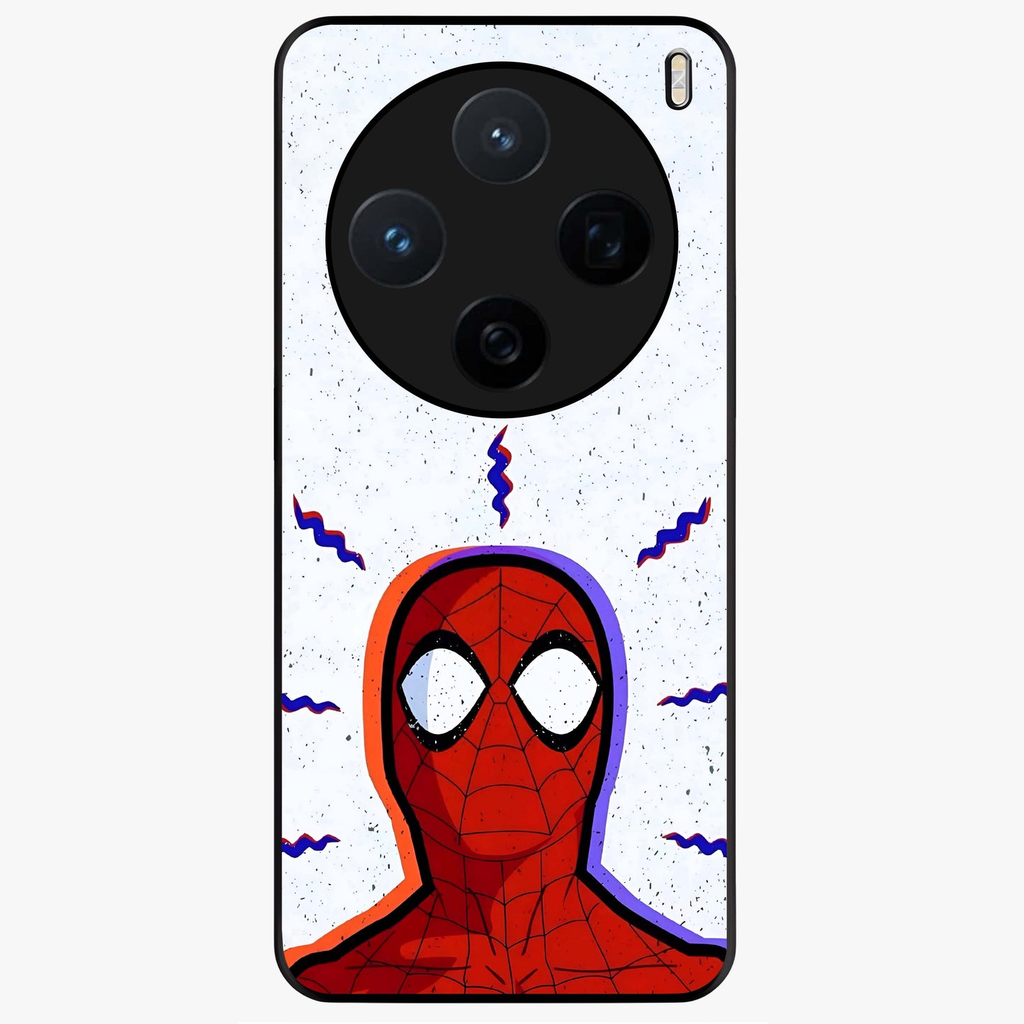 Omg Spiderman Glass Case showing flat back view with bold superhero inspired artwork and glossy glass finish.