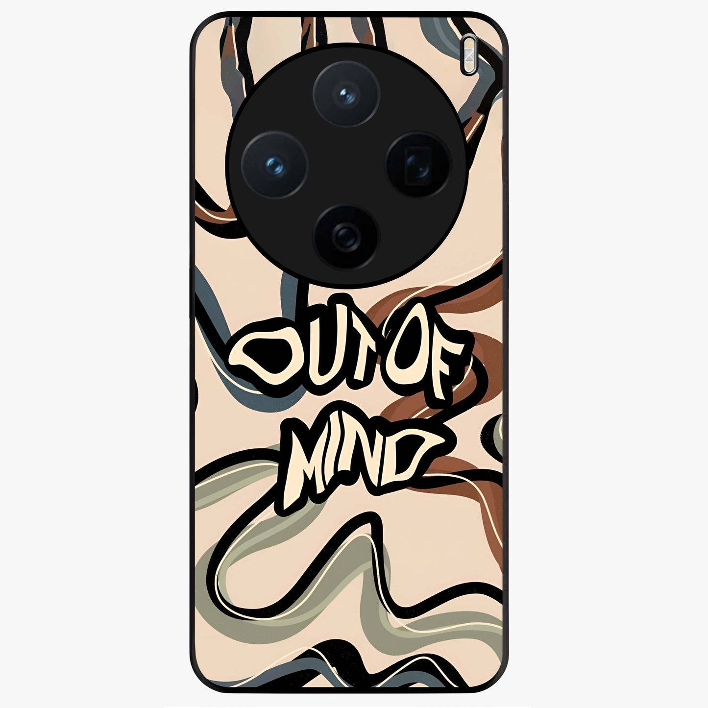 Out Of Mind Glass Case showing flat back view with expressive typography artwork and glossy glass finish.