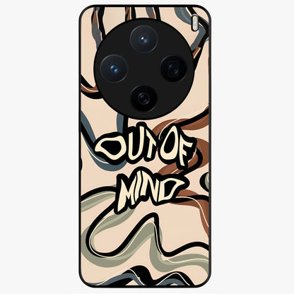 Out Of Mind Glass Case showing flat back view with expressive typography artwork and glossy glass finish.