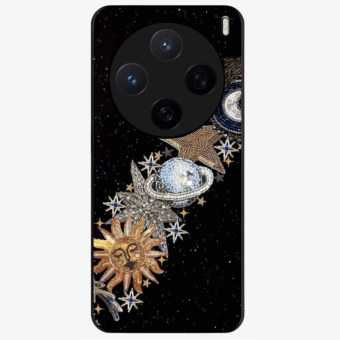 Pearls Universe Object Glass Case showing flat back view with pearl inspired cosmic artwork and glossy glass finish.