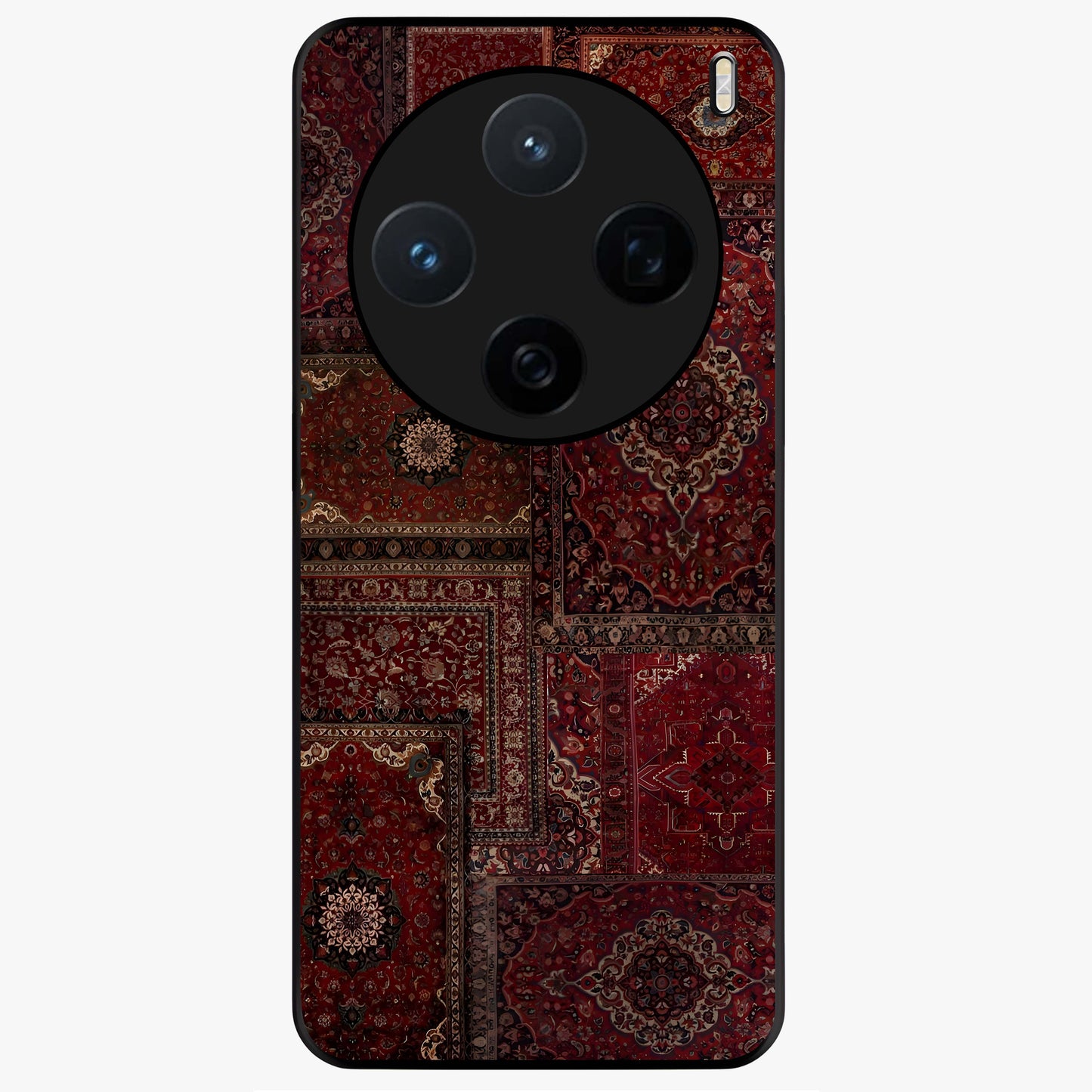 Persian Velvet Tale Glass Case showing flat back view with luxurious Persian velvet pattern artwork and glossy glass finish.